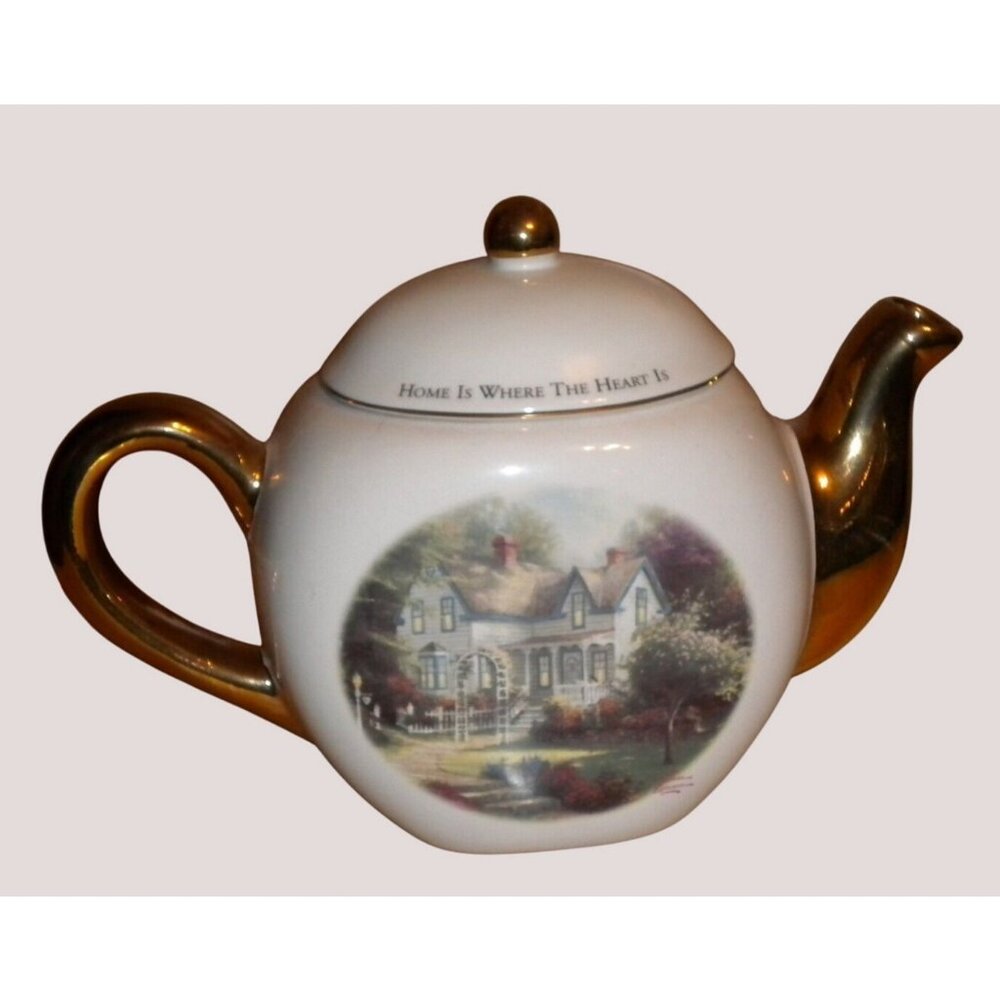Thomas Kinkade Home Is Where The Heart Is Ceramic Teapot w/ Gold Color Accents